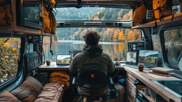 Das Bild zeigt einen Mann, der in einem Wohnwagen sitzt und auf einen wunderschönen Bergsee schaut