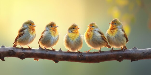 Foto das bild zeigt fünf vögel, die auf einem zweig stehen, von denen drei singen und zwei plaudern