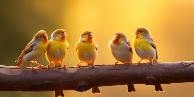 Das Bild zeigt fünf Vögel, die auf einem Zweig stehen, von denen drei singen und zwei plaudern.