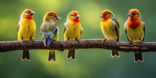 Foto das bild zeigt fünf vögel, die auf einem zweig stehen, von denen drei singen