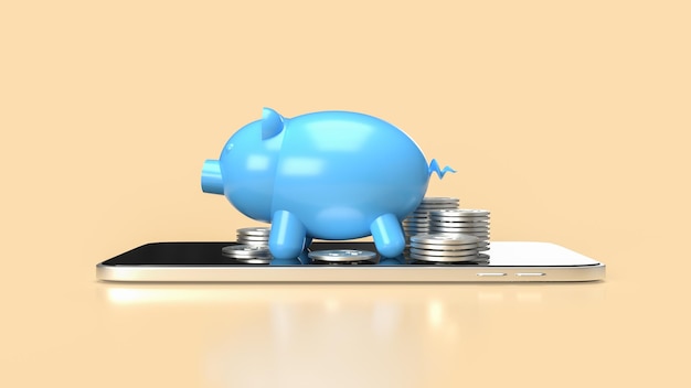 Das blaue Sparschwein auf dem Handy für Anwendungen oder Internet-Banking-Konzept 3D-Rendering