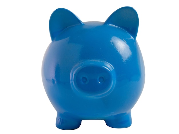Das blaue Sparschwein auf weißem Hintergrundisolationsbild zum Verdienen oder Speichern des Konzepts