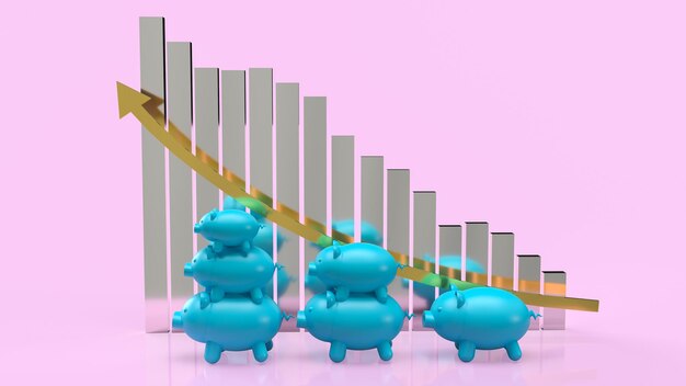 Das blaue Sparschwein und das silberne Diagramm zum Speichern oder zum 3D-Rendering des Geschäftskonzepts