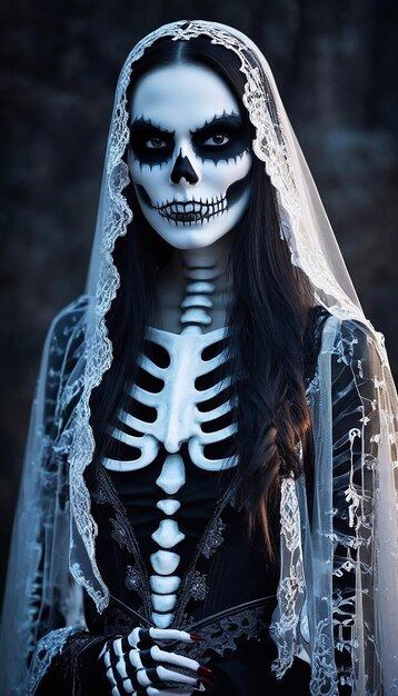 Das böse Mädchen, das beängstigende Skelett, der beängstigte Vampir, der beengstigte Halloween-Geist, der beangstigte Halloween.