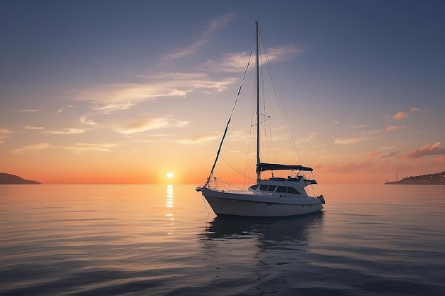 Das Boot liegt am Anker bei Sonnenuntergang