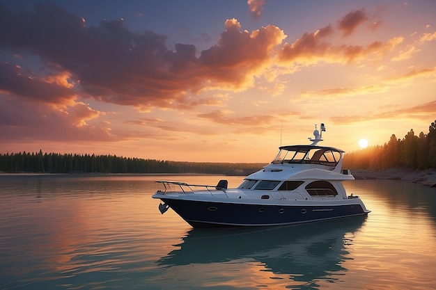 Das Boot liegt am Anker bei Sonnenuntergang