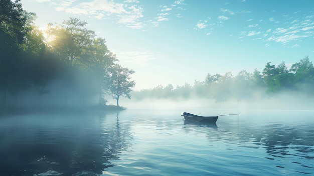 Das Boot schwimmt auf dem See, das Wasser ist ruhig und ruhig, die Bäume spiegeln sich im Wasser wider, der Himmel ist blau und es gibt einige Wolken.