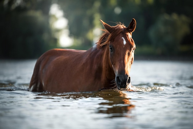 Das braune Pferd badet im Wasser des Flusses