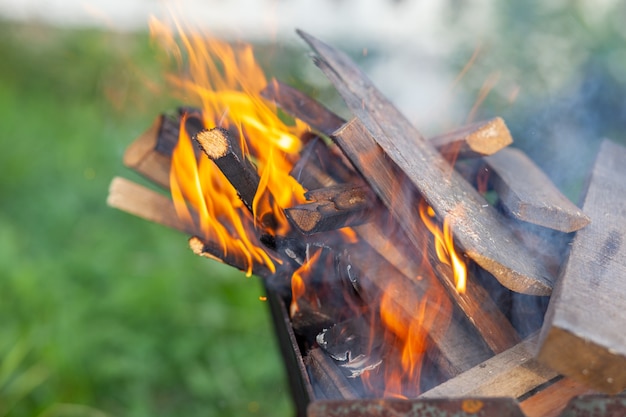 Das Brennholz im Grill brennt mit einer leuchtend orangen Feuerflamme auf einem natürlichen grünen Hintergrund. Vorbereitung zum Kochen von Fleisch auf dem Grill in der Natur. Feuer Flammen und Rauch