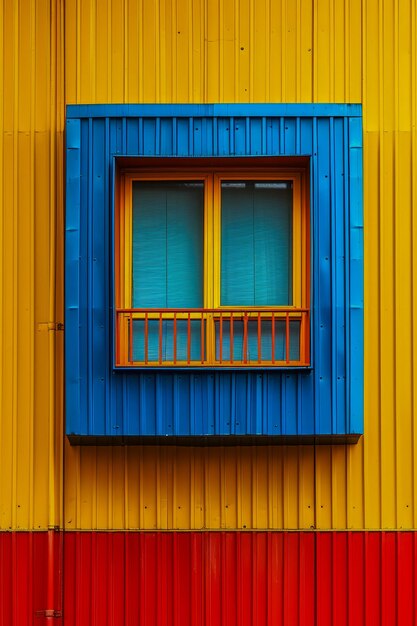 Das bunte Gebäude hat Fenster mit blauen und orangefarbenen Rahmen