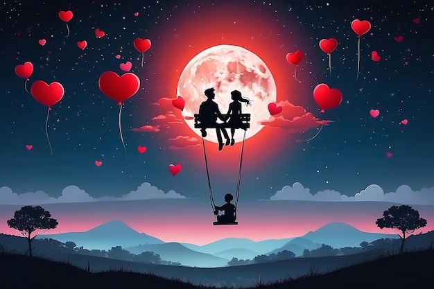 Das Cartoon-Liebende Paar sitzt auf einer roten Herzballon-Schaukel mit Vollmond im Hintergrund.