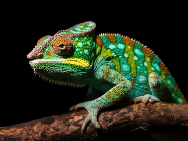 Das Chamäleon sitzt auf einem Ast und jagt nach Insekten