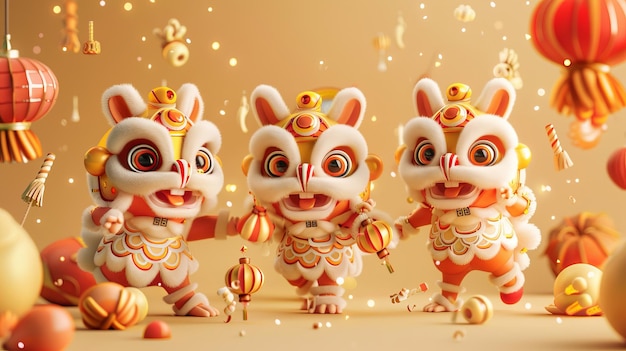 Das chinesische Neujahrs-Löwen-Tanz-Set mit Kaninchen in traditionellen Kostümen, die Laternen tragen und tanzen, und Objekte wie Laternen und Feuerwerk, die auf einem hellorangefarbenen Hintergrund isoliert sind.