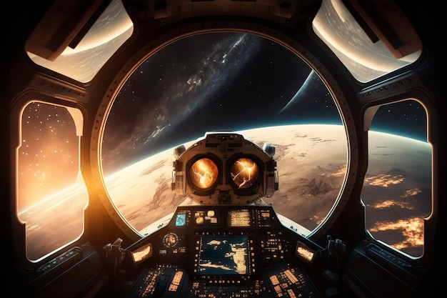 Das Cockpit eines Raumschiffs, das den interstellaren Raum durchquert und in das von der Weltraum-KI-Technologie erzeugte Bild fliegt