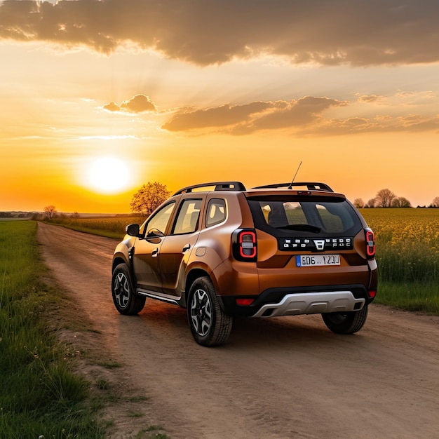 Das Daxo-Auto parkte bei Sonnenuntergang auf einer unbefestigten Straße vor einem orangefarbenen Himmel und einem gelben Feld