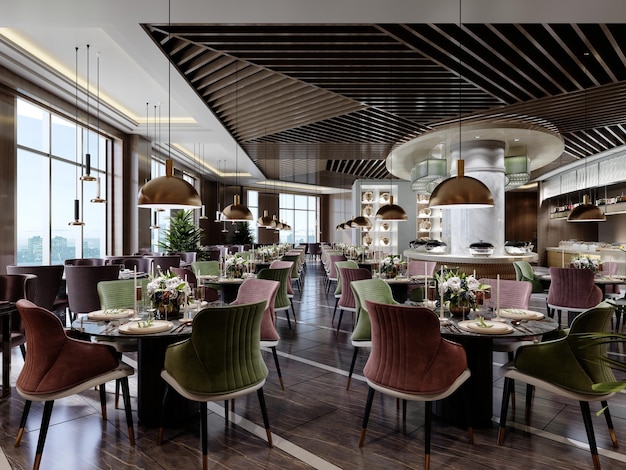 Das Design des Restaurants ist in einem modernen Stil mit einer hölzernen Pergola an der Decke