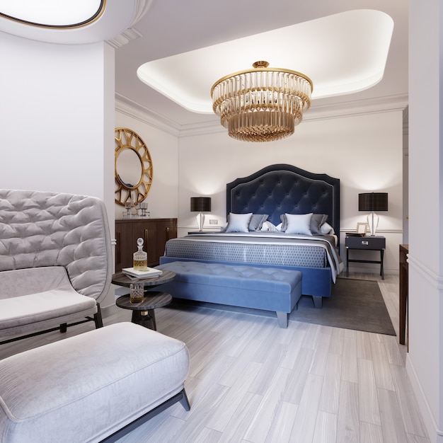 Das Design eines luxuriösen Schlafzimmers im zeitgenössischen Stil mit blauem Bett und weißen Wänden. Sessel mit Fußstütze und Schminktisch mit Spiegel. 3D-Rendering.