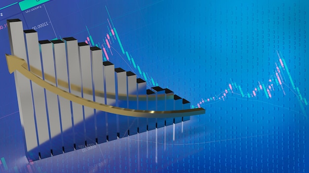 Das Diagramm und der goldene Pfeil nach oben für das 3D-Rendering des Geschäftskonzepts