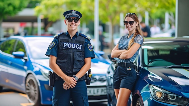 Das diensthabende Polizeipersonal beiderlei Geschlechts inspiziert verdächtige Fahrzeuge. ERZEUGT KI