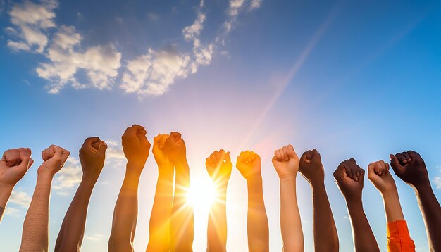 Das Dokument der Allgemeinen Erklärung der Menschenrechte mit verschiedenen Händen, die es gegen einen hellen Himmel hochhalten