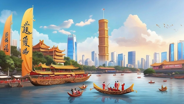Foto das dragon boat festival guangzhou tower während des festivals