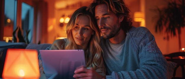 Das Ehepaar benutzt eine IOT-Home-App auf ihrem Tablet-Computer, um ihr neues Zuhause zu steuern