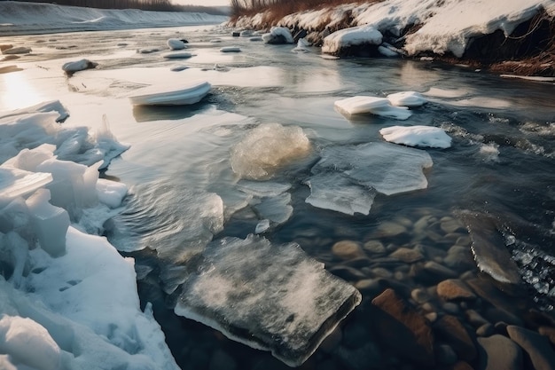 Das Eis eines Flusses bricht und bricht durch die Bewegung des Wassers auseinander