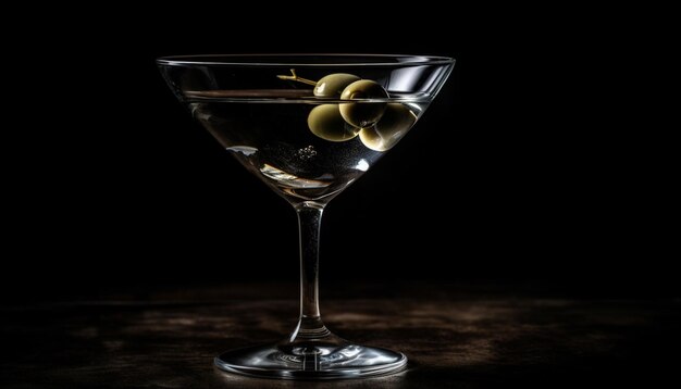 Das elegante Martini-Glas spiegelt den schwarzen Hintergrund wider und feiert das von KI generierte Nachtleben