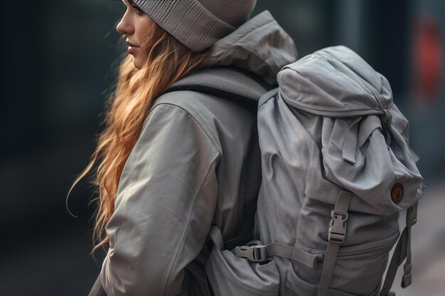 Das Eleganzporträt der Frau mit dem grauen Rucksack ar 32