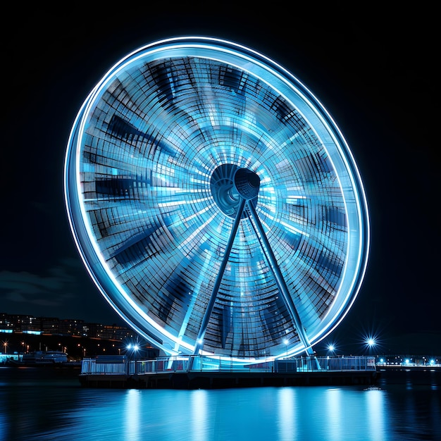 Das elektrische blaue Riesenrad beleuchtet um Mitternacht die Skyline der Stadt