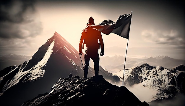 Das Erreichen Ihres Zielkonzepts Bergsteiger folgt dem Pfad zur Flagge auf dem Gipfel des Berges Generative KI
