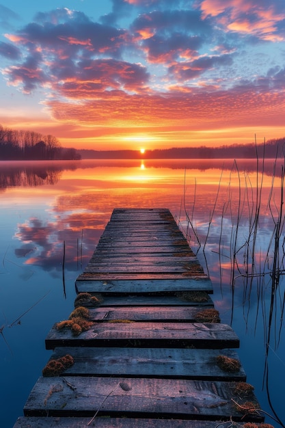 Das erste Licht der Morgendämmerung erleuchtet einen ruhigen Holzhafen mit Blick auf einen sanften See mit einem wunderschönen Sonnenaufgang