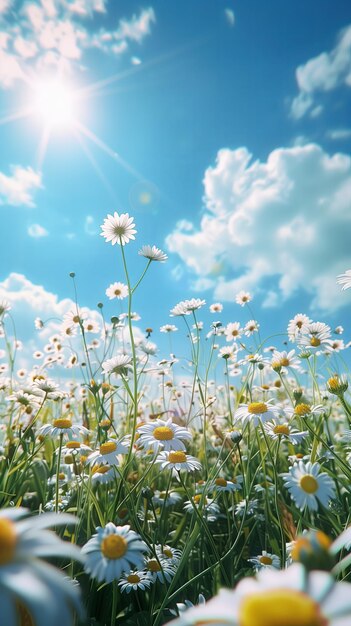 Das Feld der Gänseblümchen gegen den wunderschönen Himmel