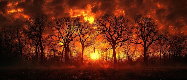 Foto das feurige leuchten eines sonnenuntergangs hinter einer silhouette von bäumen