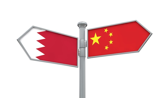 Das Flaggenschild von China und Bahrain bewegt sich in verschiedene Richtungen 3D-Rendering