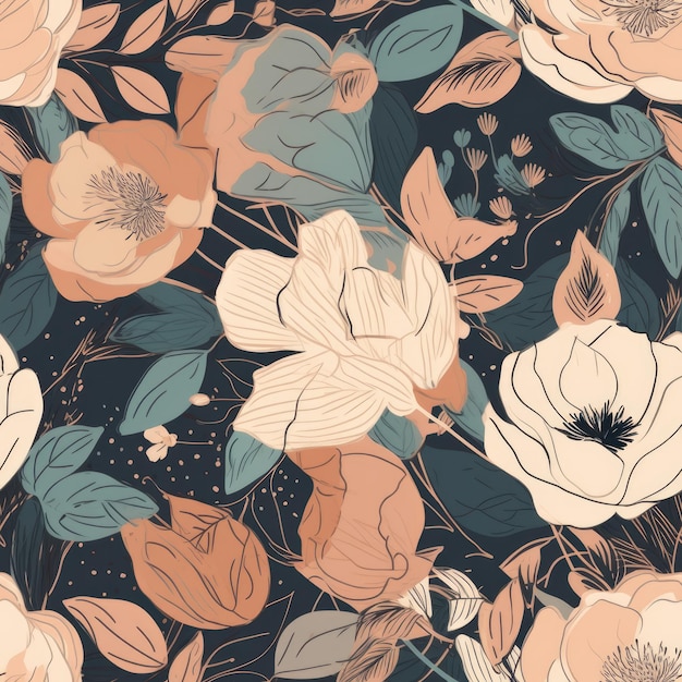 Das florale, nahtlose Muster illustriert Sommerblumen und roségoldene Details. Generative KI