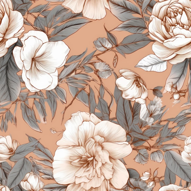 Das florale, nahtlose Muster illustriert traditionelle Aquarell- und Roségolddetails. Generative KI
