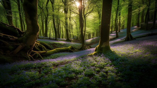 Foto das flüstern des frühlings im wald der blauen glocken