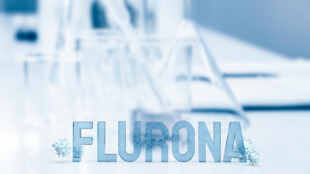 Das Flurona-Wort und der Virus auf Laborhintergrund für Ausbrüche oder sci-Konzept 3D-Rendering