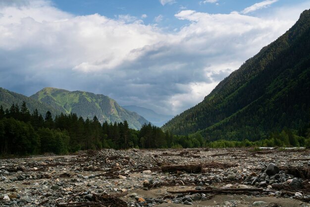 Das Flussbett des Psysch im Kaukasus an einem sonnigen Sommertag in Arkhyz Karachay, Tscherkessien, Russland.