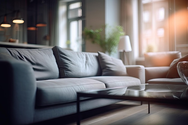 Das Foto zeigt ein zeitgenössisches Wohnzimmerinterieur mit einem grauen Sofa mit einem absichtlichen