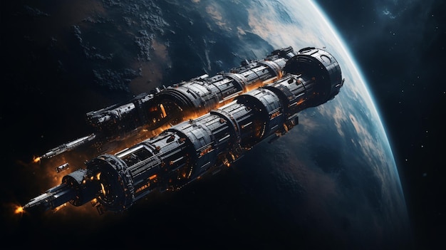 Das Frachtraumschiff und der Planet Erde bilden beide vor einem dunklen Hintergrund ein beeindruckendes Science-Fiction-Hintergrundbild
