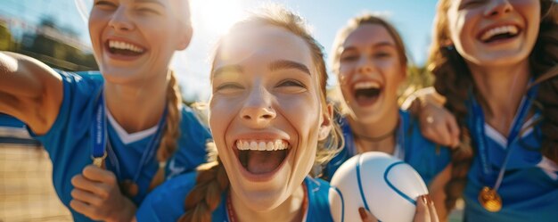 Foto das frauen-volleyball-team freut sich über den sieg.