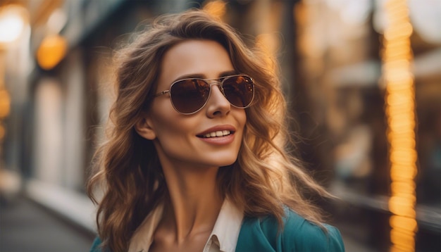 Das freudige Porträt einer Frau mit Sonnenbrille auf einem lebendigen Hintergrund