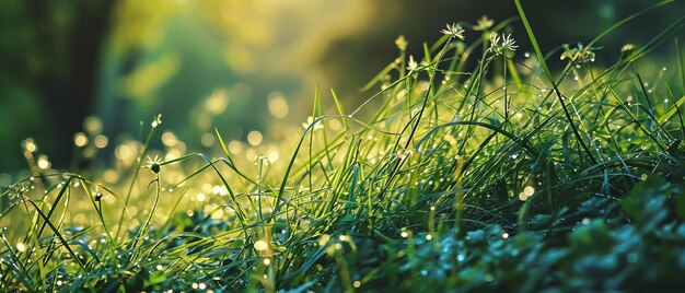 Das frühe Morgenlicht fängt die Taustropfen auf dem üppigen grünen Gras ein und schafft eine ruhige und erfrischende Szene