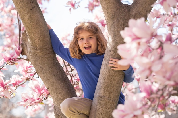 Das Frühlingskind im Frühlingsgarten, das Kind unter einem blühenden Baum, das Kind im Blütenpark, das Kind spielt.