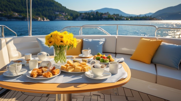 Das Frühstück genießen Sie an einem strahlenden Morgen auf einer Yacht