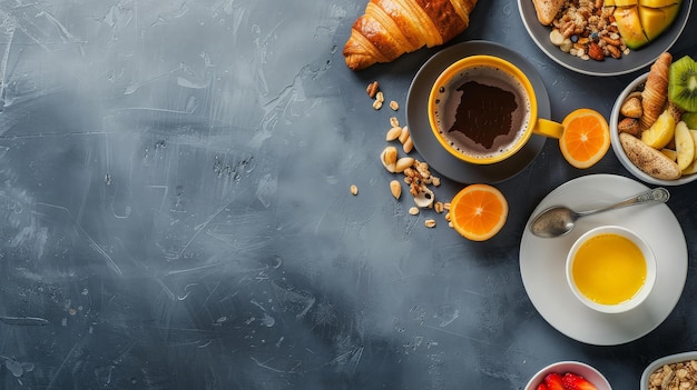 Foto das frühstück wird mit kaffee, orangensaft, getreide und obst serviert.