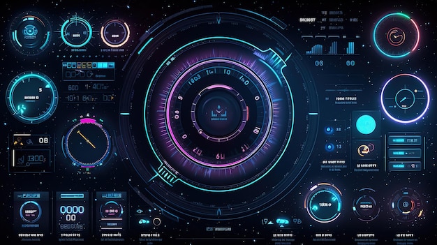 Das futuristische Scifi-HUD-Dashboard zeigt einen Virtual-Reality-Technologiebildschirm an. HudGUI für Spielhintergrunddesign. Technologiehintergrund. Digitale Daten. Generative KI