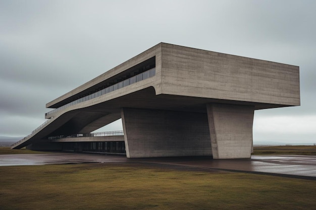 Das Gebäude ist eine Betonkonstruktion mit einem Betondach mit einem dunkelgrauen Himmel.